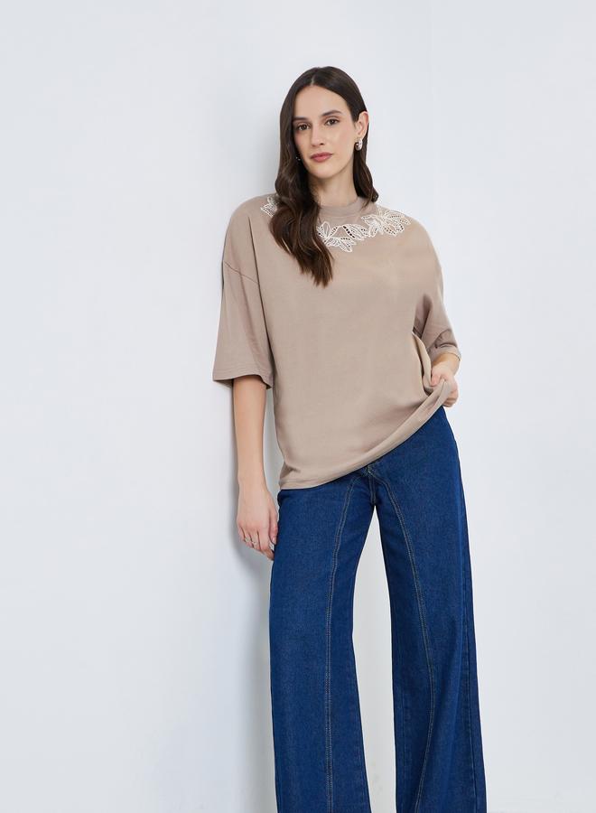 Styli Women Beige Embroidered Oversized T-Shirt - Image 2